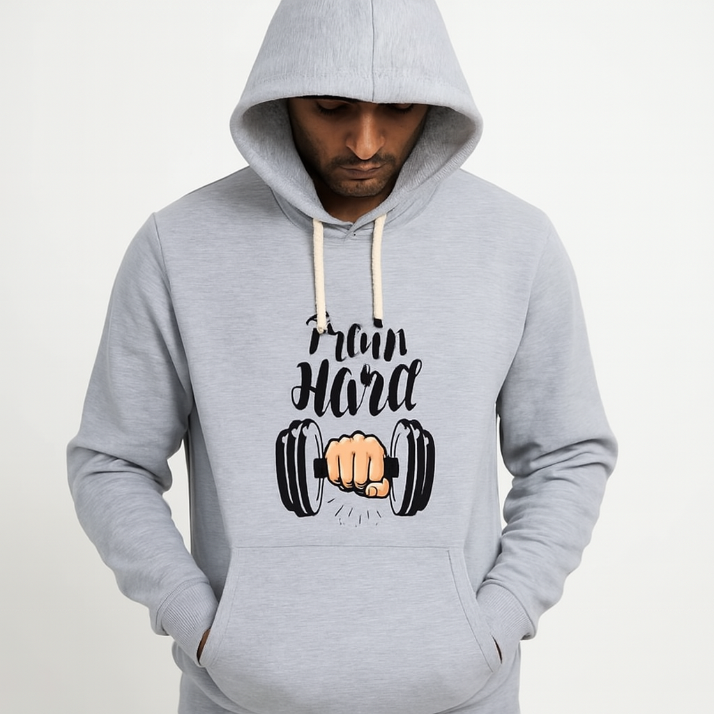 Train Hard Grey Hoodie for Men & Boys Premium Summer Collection - Image 3