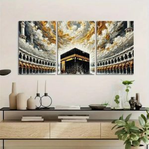 Khana Kaba Wooden Wall Art  3 Piece Islamic Frame Set Made With Wooden Stickytile, Each Frame 8x11 Inches, Easy To Install With Included Double Tape