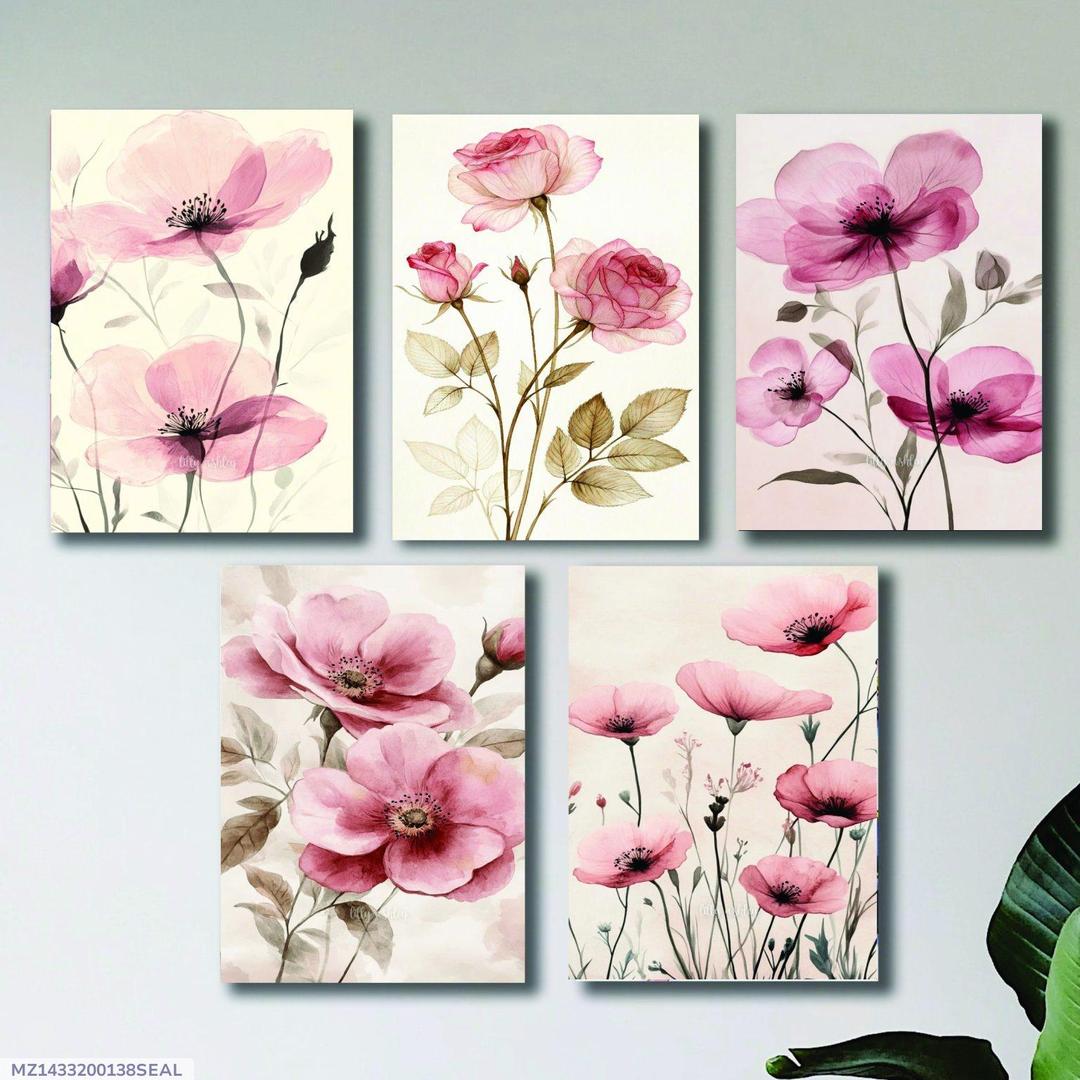 Set of 5 Floral Wooden Wall Frames 8x11 Inch Decorative Art Panels with Double Tape
