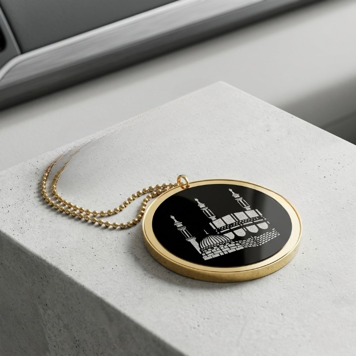 Acrylic Mirror Dua-e-Safar Car Hanging with Khana Kaaba & Madina Design Elegant Islamic Rear View Mirror Decor | Size : 10 cm - Image 3