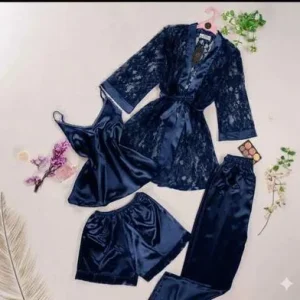 Blue Lace Nighty Set 4 Pcs Silk Satin