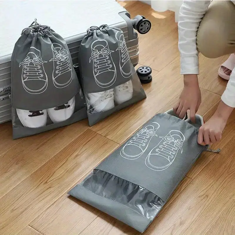 Pack of 01 - Shoe Bag for Travel & Home Storage Dustproof Printed Shoe Organizer Pouch in Random Gray Lightweight, Breathable, and Reusable Shoe Cover for Luggage, Closet, or Gym Use - Grey Color - Image 2