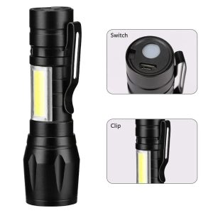 Mini Rechargeable LED Flashlight Waterproof Torch with USB Fast Charging & Side Lamp (Metal Body)