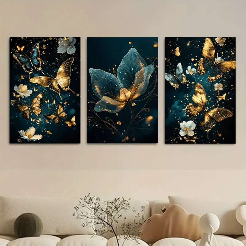 Butterfly Floral Wall Art 3-Piece 8x11 Wooden Sticky Tile Panels with Adhesive Tape for Easy Mounting