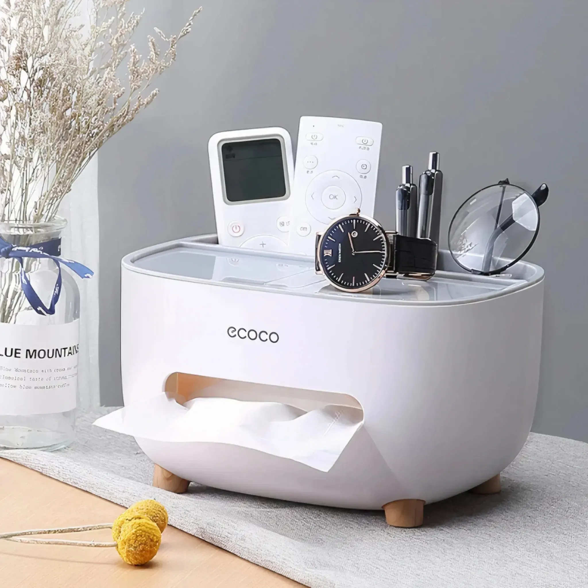 Ecoco Tissue Box With Multifunctional Storage Drawer Creative Desk Organizer For Kitchen Living Room And Office - Image 2