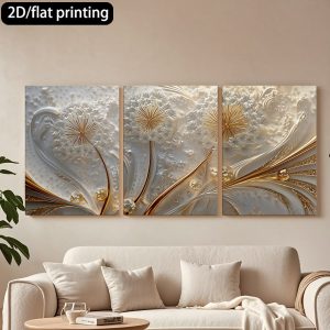 Luxury 3-Piece Floral Wall Frame Set  Gold & Pearl Dandelion Art on Textured Background
