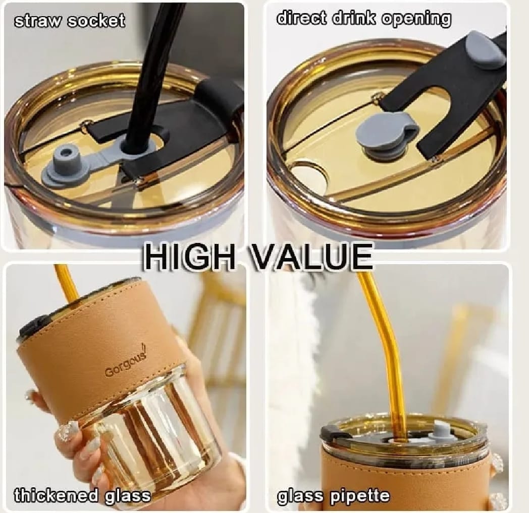 Reusable Coffee Mug with Straw Leakproof Lid & Heat-Resistant PU Leather Sleeve for Hot & Cold Drinks (300ml) - Image 2