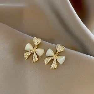 Heart Bow Zircon Korean Stud Earrings for Women  Elegant Golden Alloy Earrings Without Box