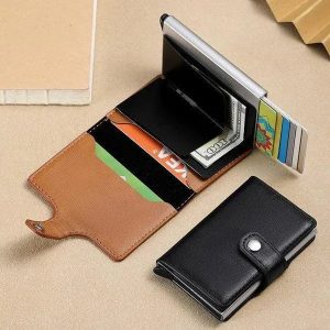 Slim Metallic Pop-Up Card Holder – RFID Blocking Minimalist Wallet with Leather Wrap (Black)