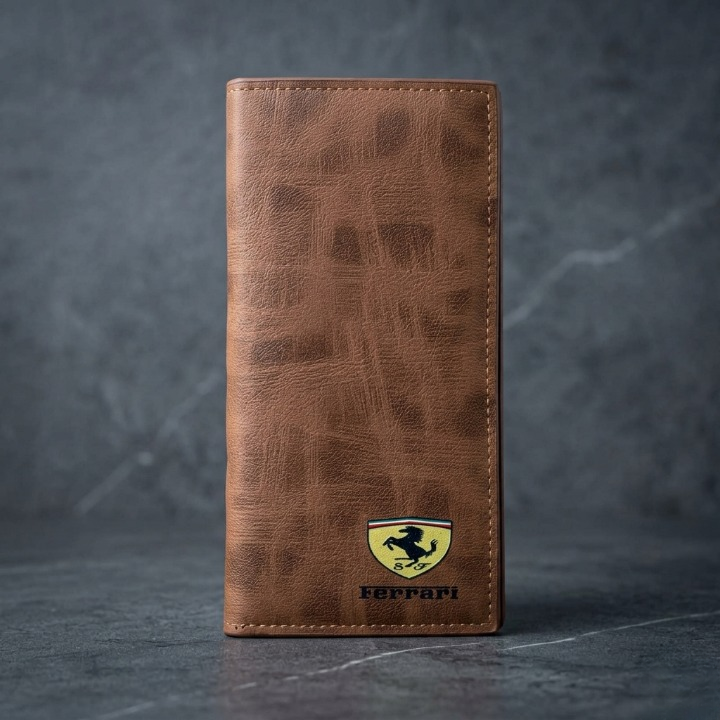 Premium Ferrari Inspired Long Wallet – Slim Bi-Fold Men's Clutch & Travel Organizer with Elegant Logo Detail (Brown) - Image 5