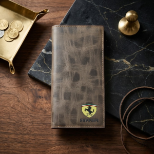 Premium Ferrari Inspired Long Wallet – Slim Bi-Fold Men's Clutch & Travel Organizer with Elegant Logo Detail (Brown)