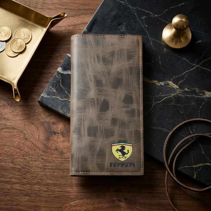 Premium Ferrari Inspired Long Wallet – Slim Bi-Fold Men's Clutch & Travel Organizer with Elegant Logo Detail (Brown)