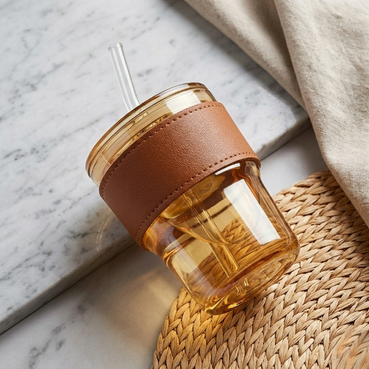Premium Amber Glass Coffee Tumbler 400ml – Elegant Travel Mug with Leather Heat Sleeve & Reusable Glass Straw - Image 3