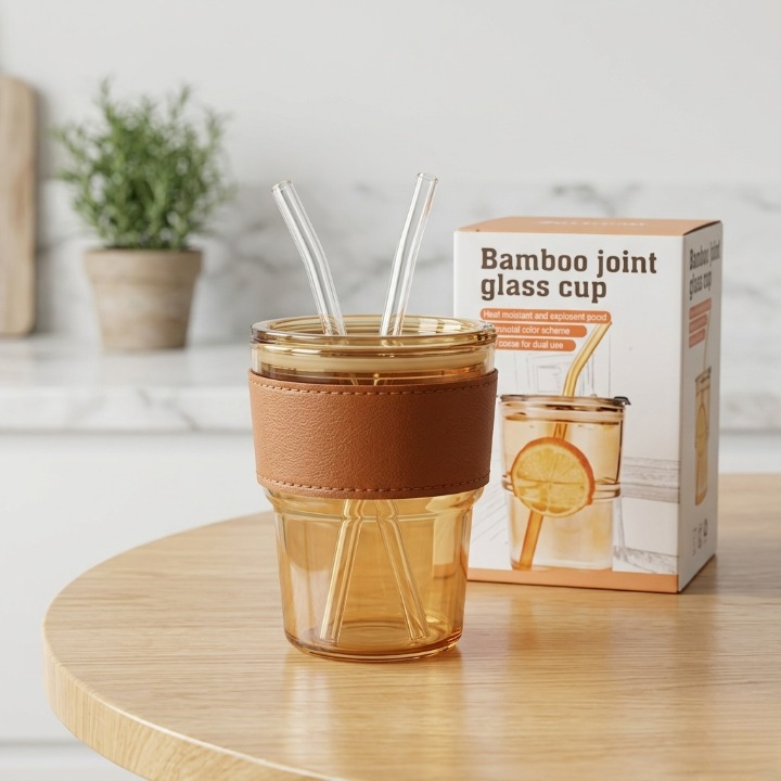 Premium Amber Glass Coffee Tumbler 400ml – Elegant Travel Mug with Leather Heat Sleeve & Reusable Glass Straw - Image 2