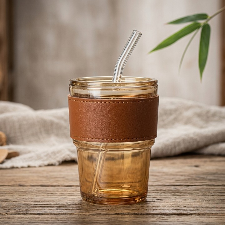 Premium Amber Glass Coffee Tumbler 400ml – Elegant Travel Mug with Leather Heat Sleeve & Reusable Glass Straw