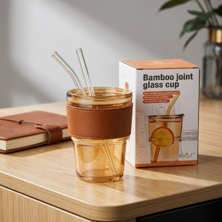 Premium Amber Glass Coffee Tumbler 400ml – Elegant Travel Mug with Leather Heat Sleeve & Reusable Glass Straw - Image 4