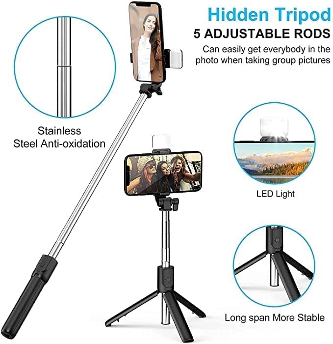 R1S Multifunctional Wireless Selfie Stick Tripod with LED Fill Light – Extendable Bluetooth Handheld Monopod for Smartphones - Image 3