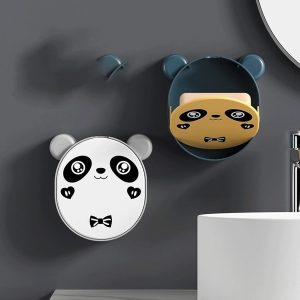 Wall Mounted Cute Panda Soap Dish Holder – Punch-Free Drainage Soap Box Rack for Bathroom & Kitchen (Random Color)