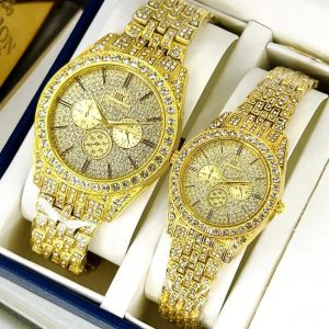 Luxury Diamond-Accented Couple Watch Set – Elegant Golden His & Hers Matching Wrist Watches (Without Box)