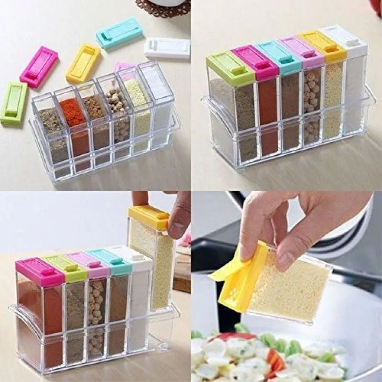 Spice Jars Dispenser Masala Rack Easy Flow Storage Crystal Seasoning Box Multicolour Set of 6 - Image 5