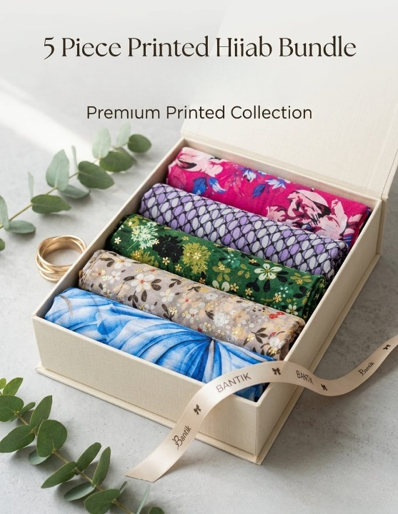 5-Piece Printed Lawn Hijab Bundle with 4-in-1 Multi-Color Inner Cap Soft Premium Lawn Scarves for Women | Random Color Mix Print