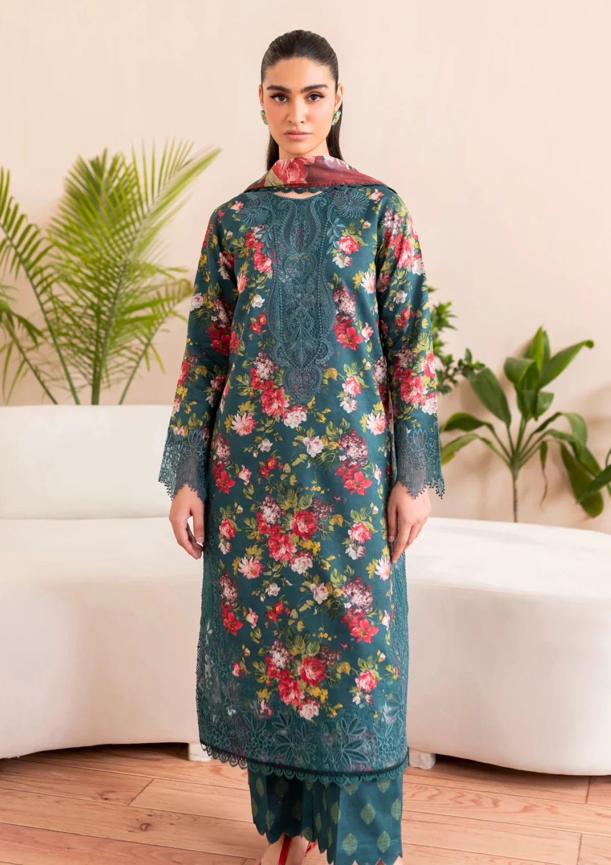 Elegant Floral Embroidered Lawn 3 Piece Unstitched Suit with Chiffon Dupatta - Image 2