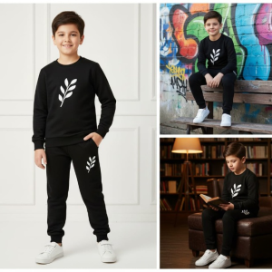 Kids Printed Stylish Black & Black Tracksuit Set