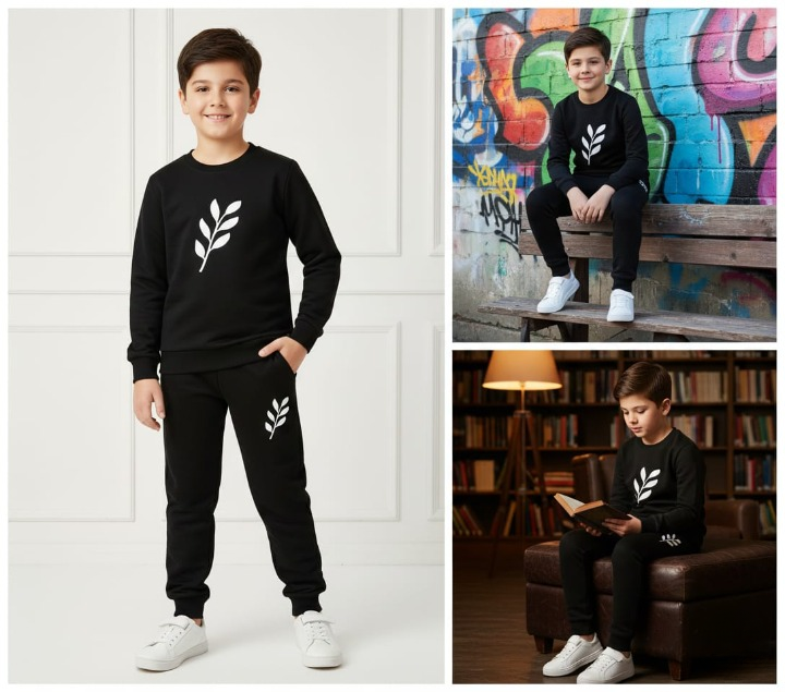 Kids Printed Stylish Black & Black Tracksuit Set