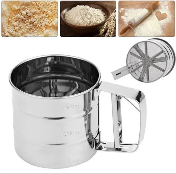 Flour Sifter Stainless Steel Double Layer Fine Mesh Baking Sifter with One-Hand Press Crank for Cakes & Pastries