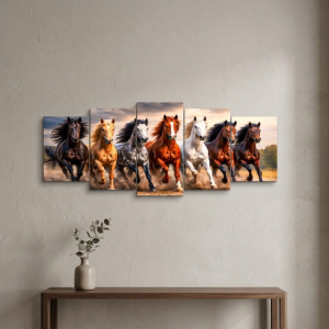 Seven Galloping Horses Panoramic Wooden Wall Art Frame Set | Modern Success & Speed Decor | 40x16 Inch