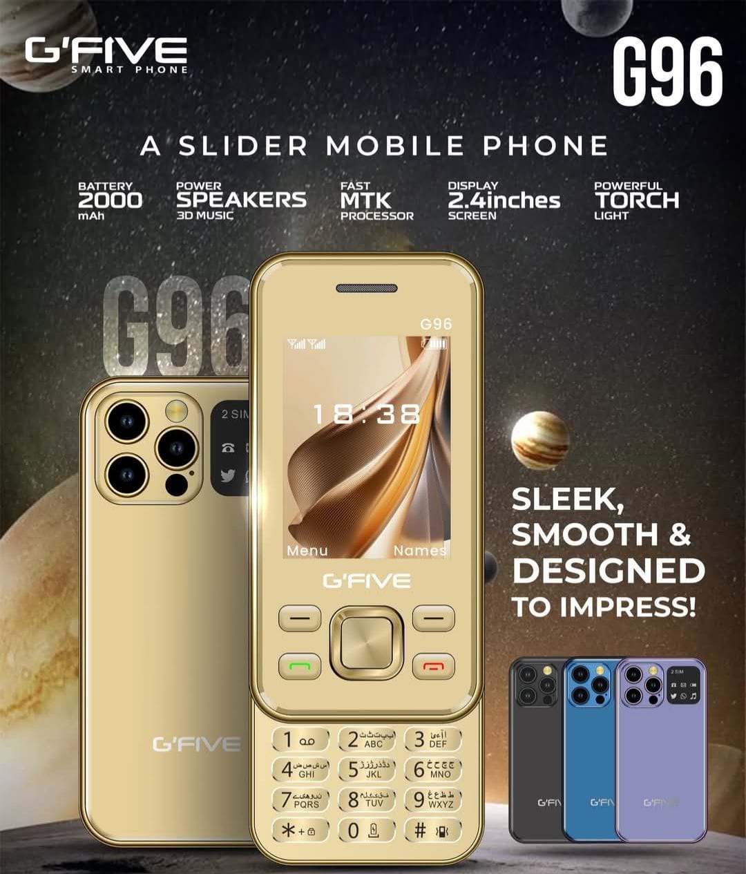 Gfive G96 Slider Mobile | 2.4 QVGA Display | Dual SIM | PTA Approved | 2000mAh Battery (Random Colour)