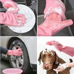 Magic Silicone Dish washing Gloves Reusable Rubber Cleaning Gloves with Built-In Scrubber for Kitchen & Household Use (Random color)