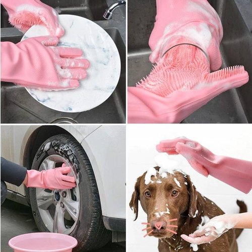 Magic Silicone Dish washing Gloves Reusable Rubber Cleaning Gloves with Built-In Scrubber for Kitchen & Household Use (Random color)