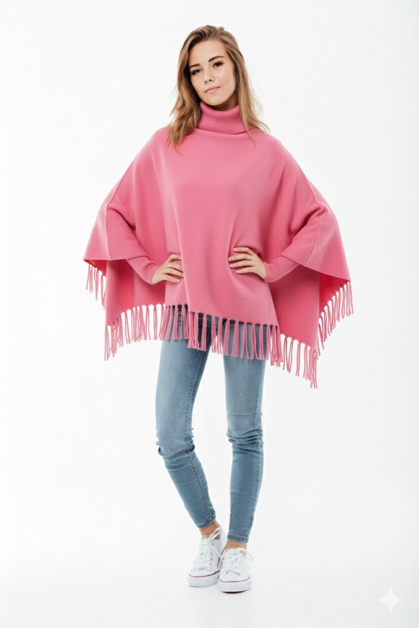 Winter Fleece Poncho with High Neck, Tassel Design & Adjustable Short Sleeves For Girls/Princess Free Sizes - Image 3