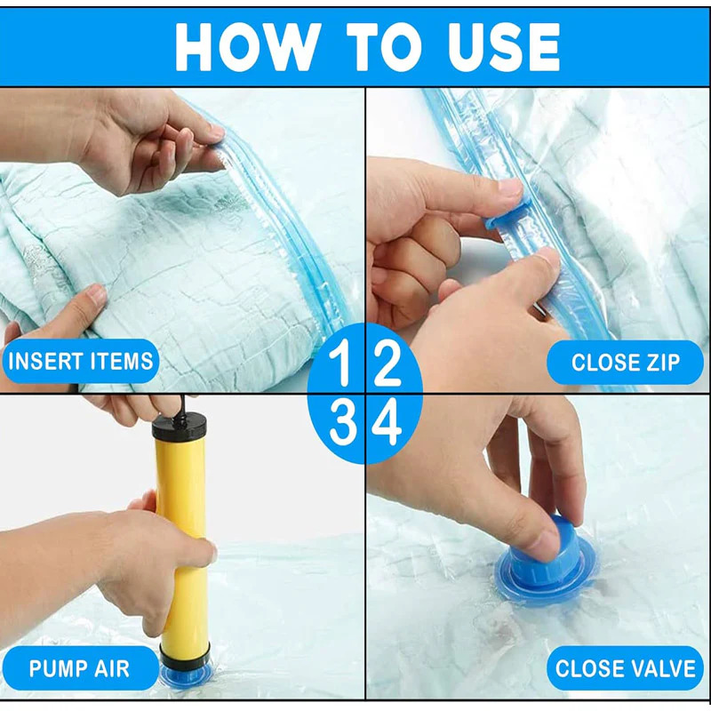 Vacuum Storage Bags Set (5 Bags + 1 Hand Pump) Reusable Space Saver Compression Bags for Clothes, Bedding & Travel - Image 4