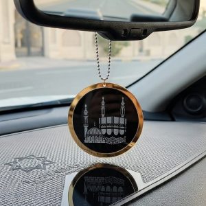 Acrylic Mirror Dua-e-Safar Car Hanging with Khana Kaaba & Madina Design Elegant Islamic Rear View Mirror Decor | Size : 10 cm