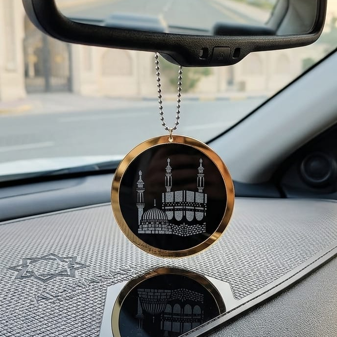 Acrylic Mirror Dua-e-Safar Car Hanging with Khana Kaaba & Madina Design Elegant Islamic Rear View Mirror Decor | Size : 10 cm