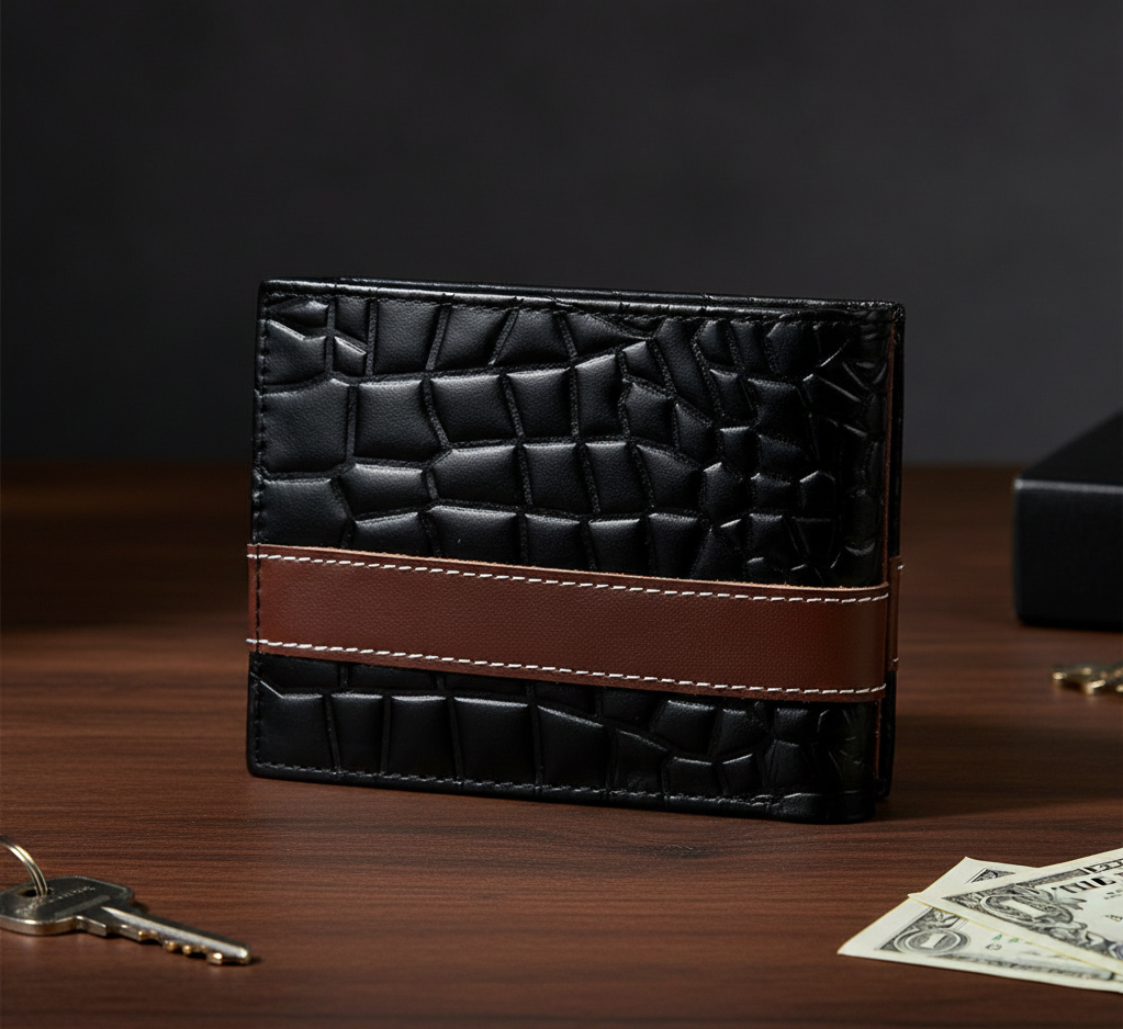 Mens Croc-Texture Cow Leather Wallet Black with Maroon Strip | Stylish Bifold Slim Wallet - Image 3