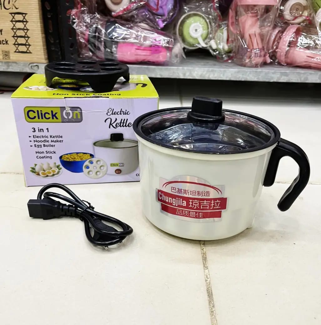 Click On 3-in-1 Multi-Functional Electric Kettle Noodle Maker, Egg Boiler & Hot Pot with Non-Stick Coating