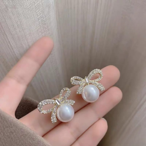 Bow Knot Pearl Earrings with Zircon Korean Style (PJX-113)