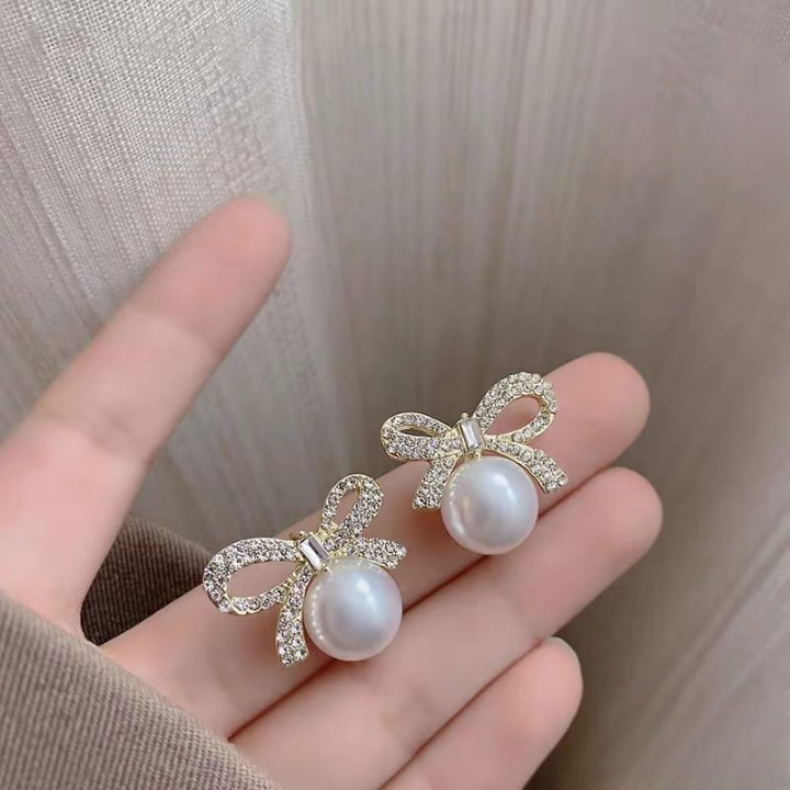 Bow Knot Pearl Earrings with Zircon Korean Style (PJX-113)