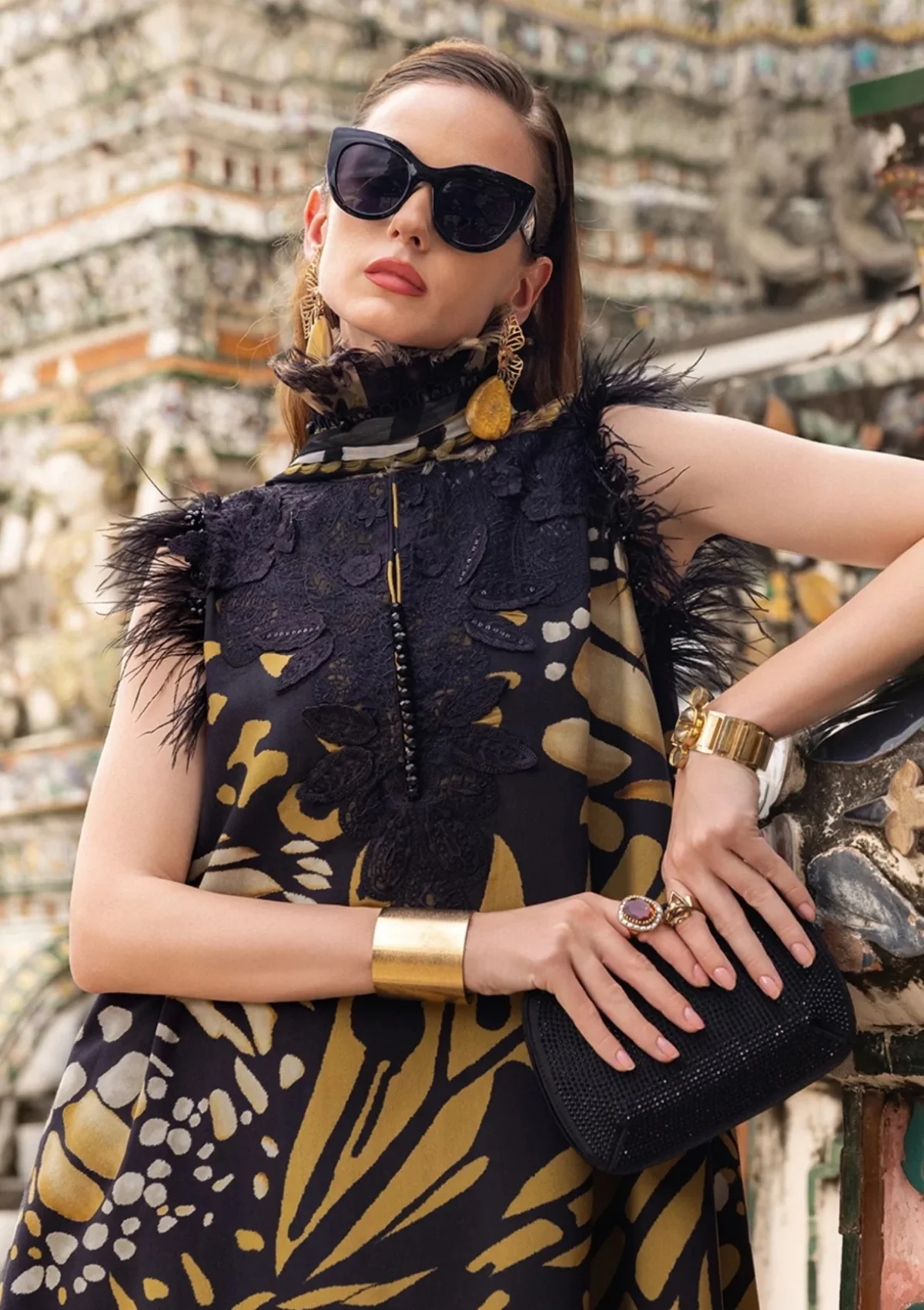 Maria B Printed Embroidered Lawn 3PC Unstitched Suit with Chiffon Dupatta Black & Mustard - Image 3