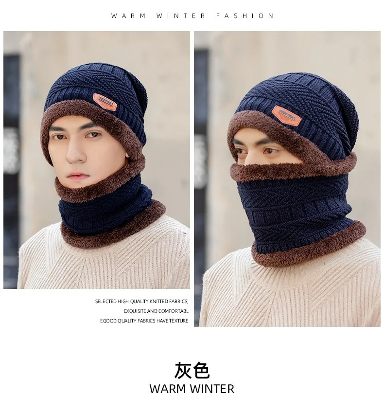 Winter Beanie Hat For Men Fleece Scarf Women Knitted Hat Warm Cap Thick Wool Neck Warmer Scarf Balaclava Mask Skullies Beanies (Random Color) - Image 3
