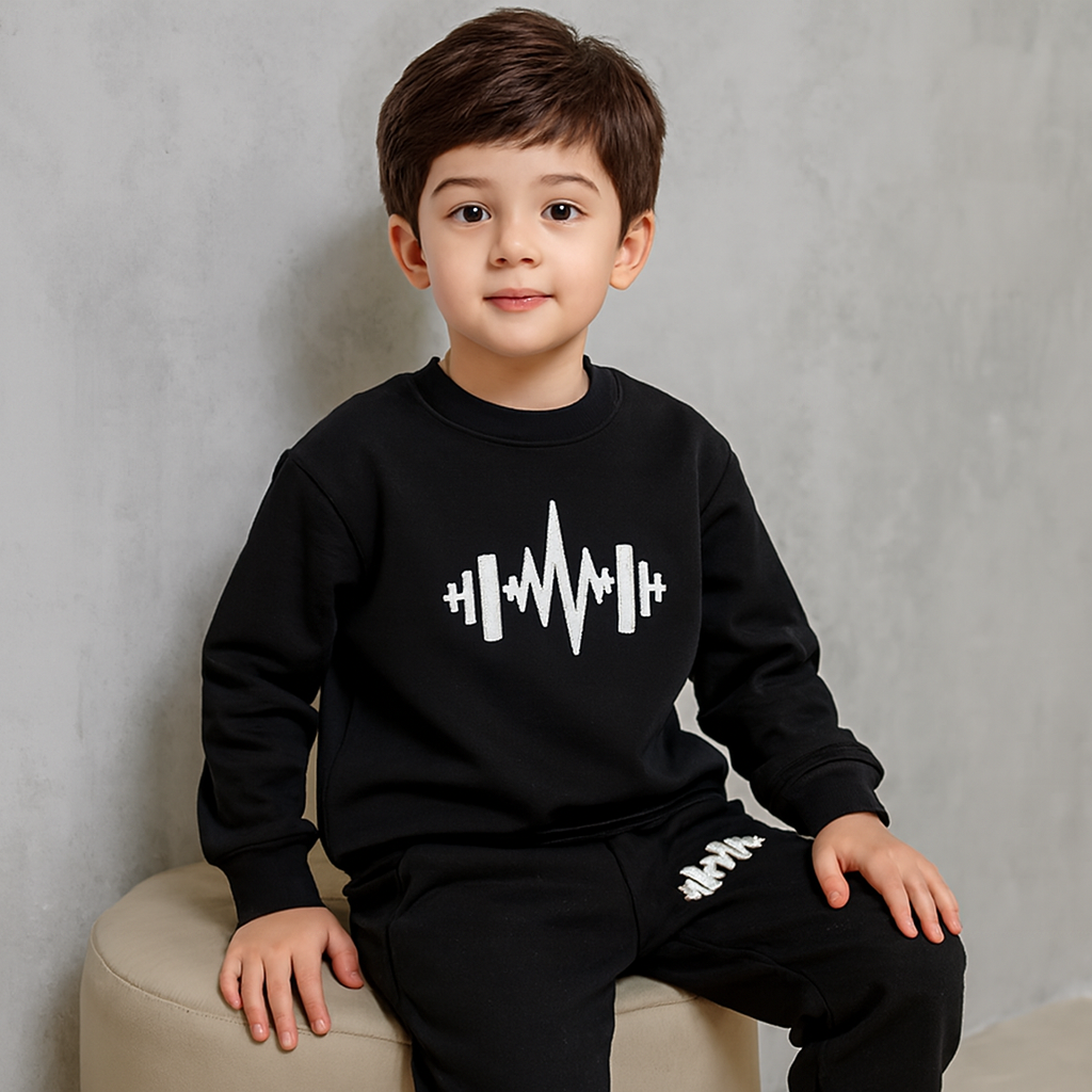 Black Cross Printed Fleece Winter Kids Tracksuit