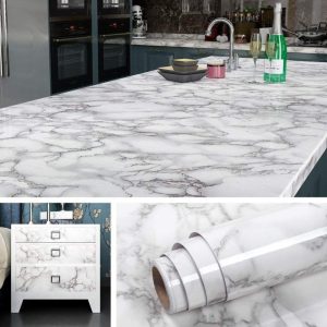 Self Adhesive White Marble Sheet For Kitchen Waterproof, Heat And Oil Resistant Wallpap er For Countertops, Cabinets, And Furniture(60x200)