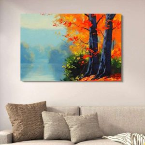 Autumn Forest River Canvas Art | Vibrant Fall Landscape Wall Decor | 12x16 Inches