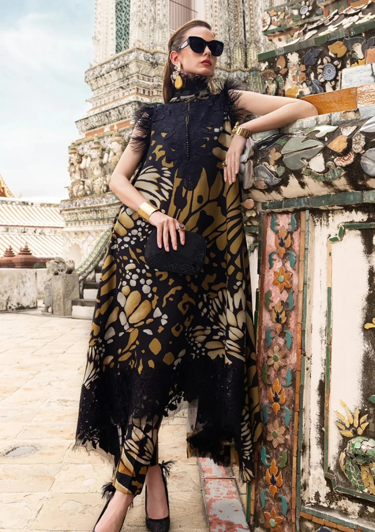 Maria B Printed Embroidered Lawn 3PC Unstitched Suit with Chiffon Dupatta Black & Mustard - Image 2