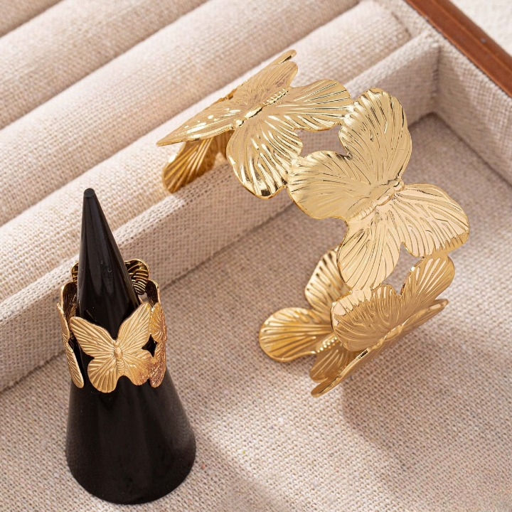 Stylish Alloy Hand Cuff Ring Set Adjustable Fashion Jewelry for Women in Silver & Golden (SKU: QST-166) - Image 4