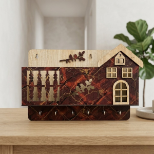 Decorative Wooden House Key Holder Wall Mounted Key Organizer with 6 Hooks & Marble Finish Design
