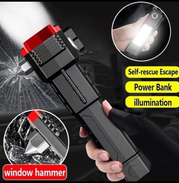 High-Power LED Torch Light Rechargeable Flashlight with Tactical Hammer & Power Bank With Box, Random color - Image 4